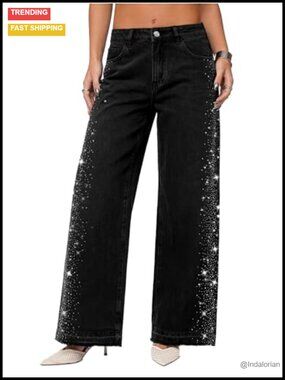 High Waisted Rhinestone Baggy Wide Leg Jeans Raw Hem Tall